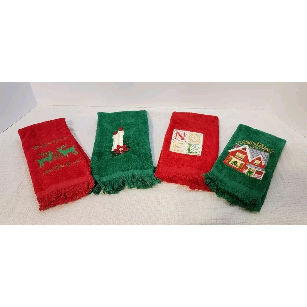 Vintage Lot of‎ 4 RED GREEN Terry Christmas Hand Towels Candle Reindeer Noel